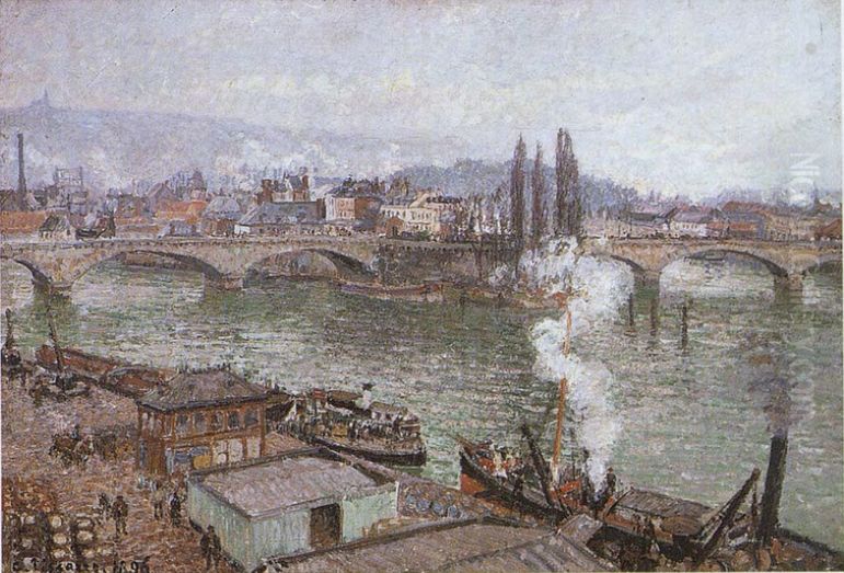 Le pont de pierre a Rouen, temps gris Oil Painting by Camille Pissarro