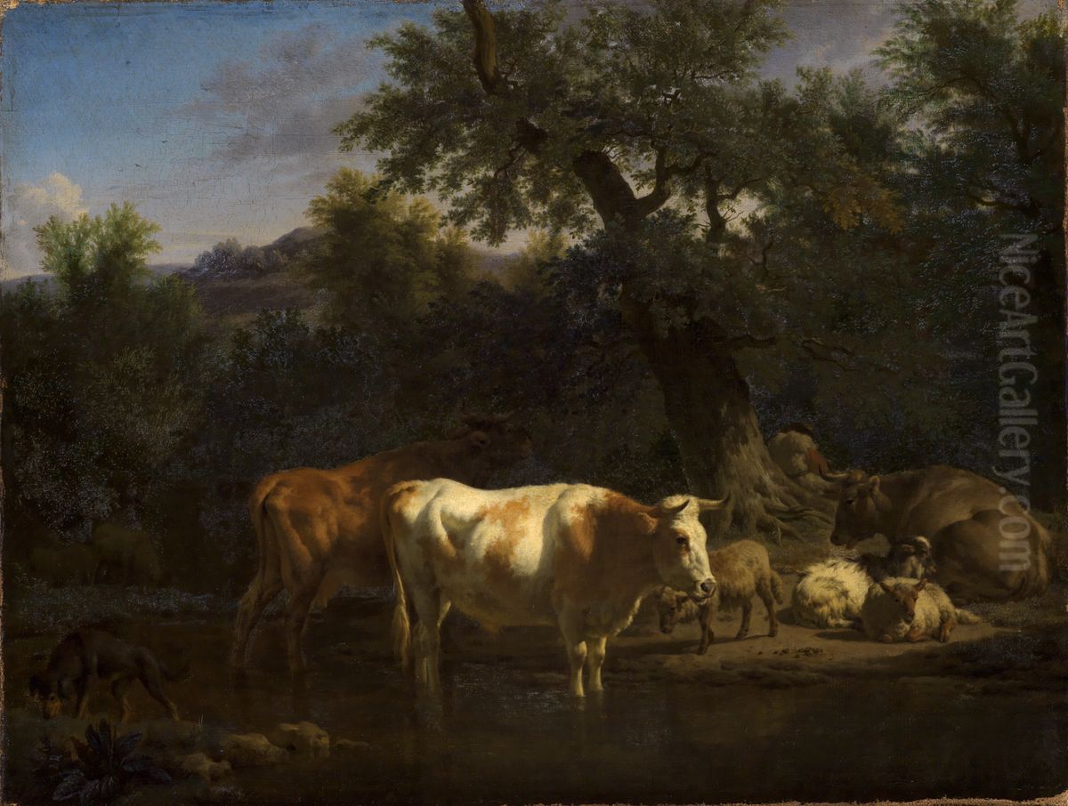 Forest landscape with resting cows and sheep Oil Painting by Adriaen Van De Velde