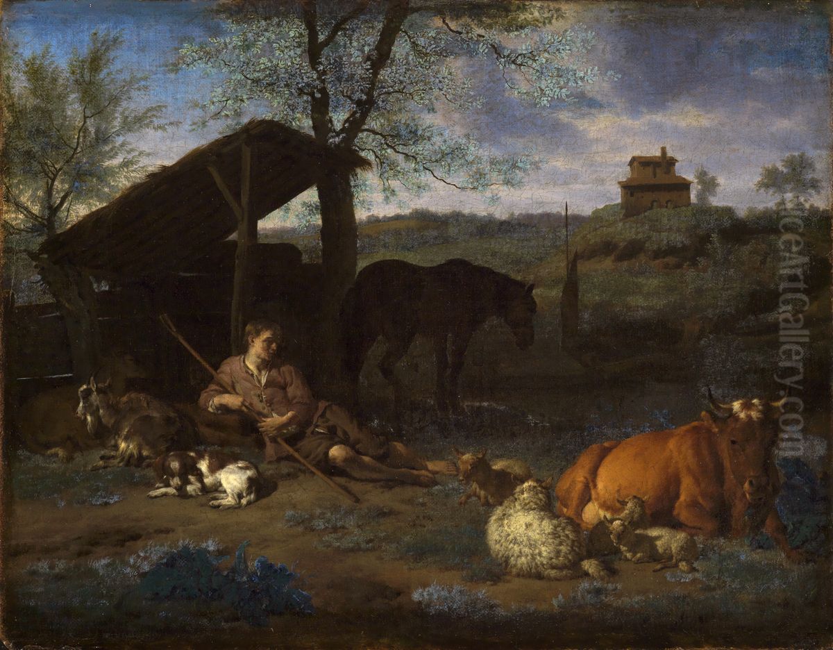 Landscape with a resting shepherd and his cattle Oil Painting by Adriaen Van De Velde