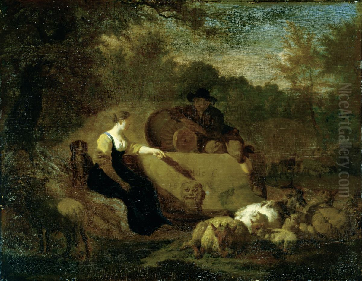 Hirt und Hirtin mit ihrer Herde am Brunnen Oil Painting by Adriaen Van De Velde