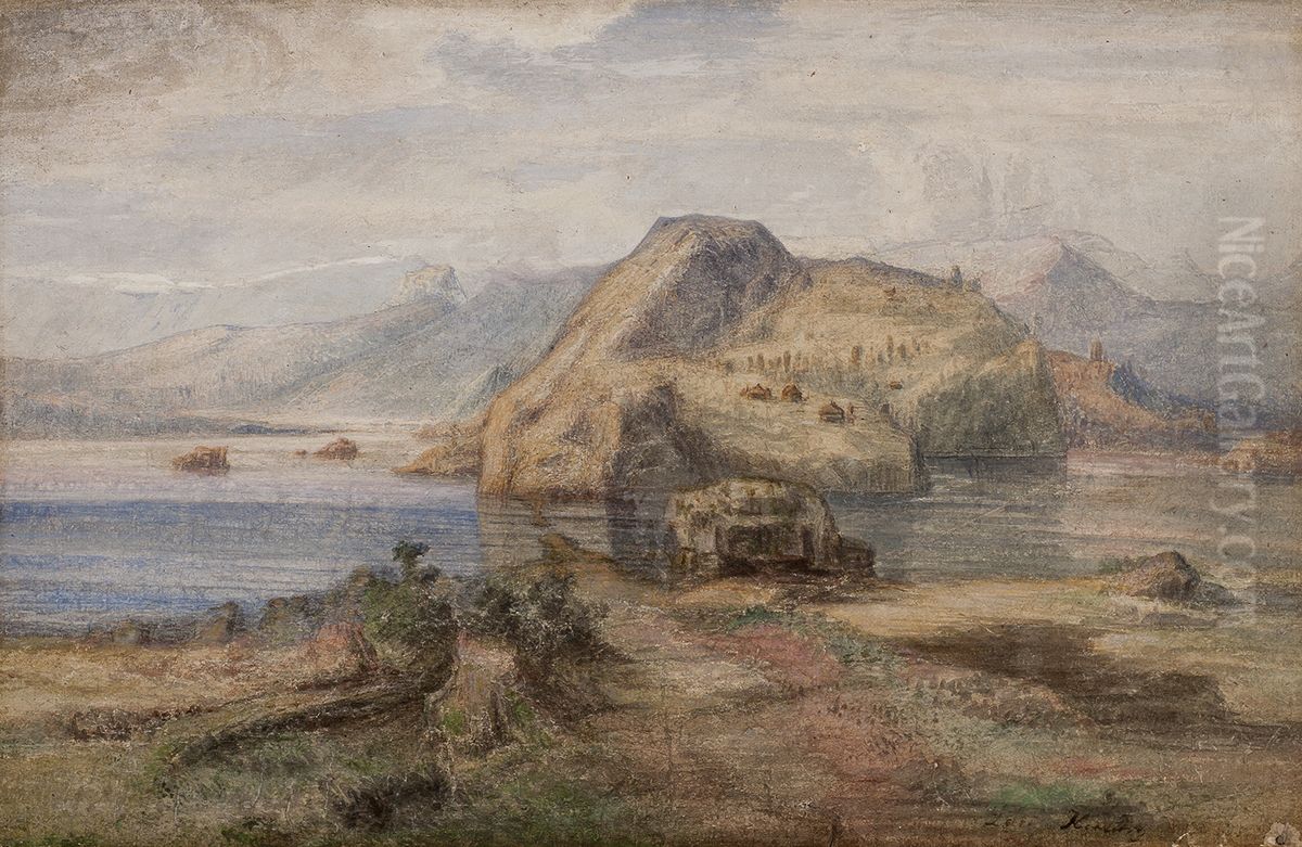 Landskap (med vann og kolle) Oil Painting by Lars Hertervig