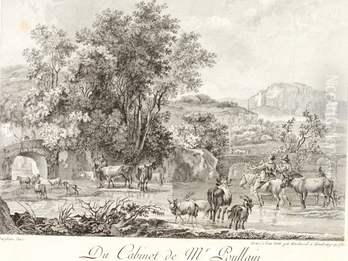 Southern landscape with shepherds and cattle by a river Oil Painting by Carl Wilhelm Weisbrod