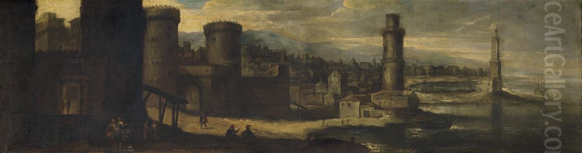 Paisaje con un puerto fortificado. Oil Painting by Benito Manuel Aguero