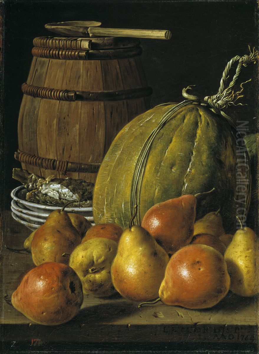 Bodegon con peras melones platos y barril Oil Painting by Luis Egidio Melendez