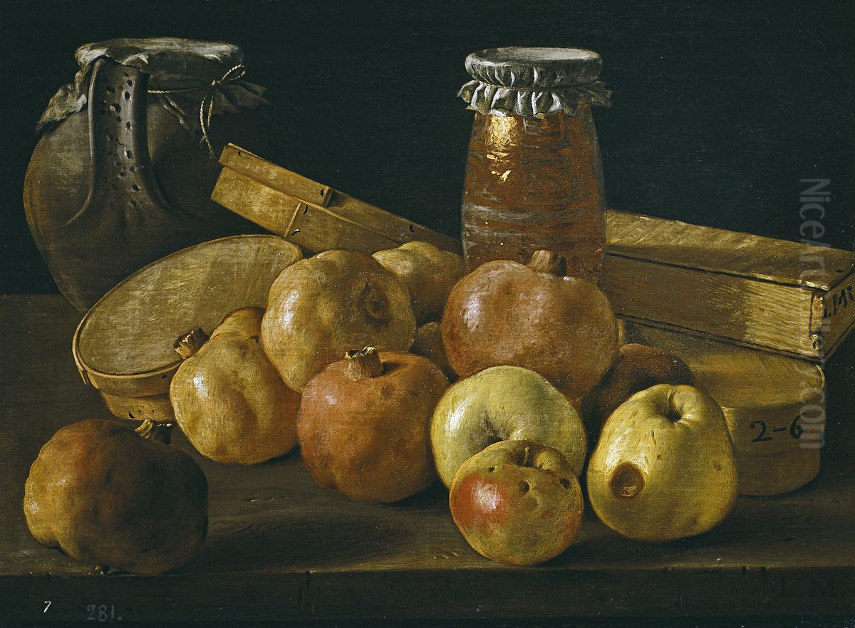 Bodegon con granadas y manzanas, cajas de dulces y otros recipientes. Oil Painting by Luis Egidio Melendez