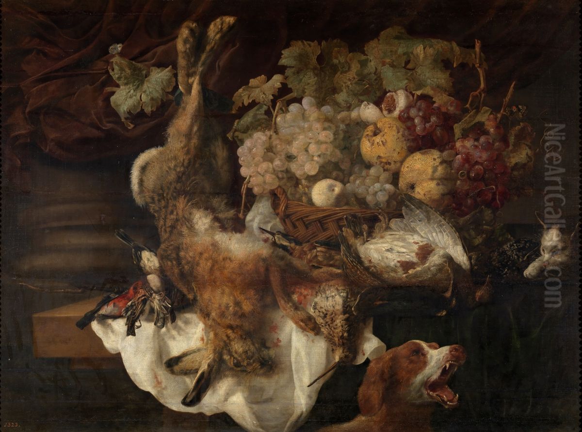 Stilleven met haas, gevogelte en vruchten; rechts een hond en een kat Oil Painting by Carstian Luyckx