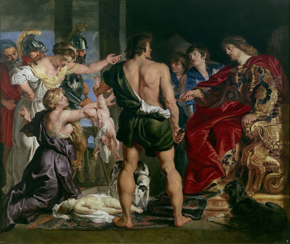 Solomon gives verdict; he commands a soldier to divide the living child in two; the true mother objects to Solomon's verdict (1 Kings 3:25-27) Oil Painting by (studio of) Rubens, Peter Paul