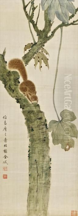 Squirrel On A Tree Oil Painting by Jin Cheng