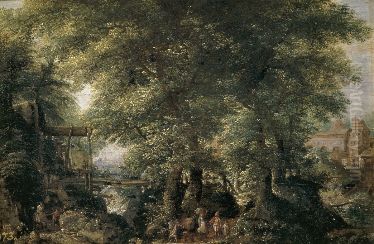 Wooded landscape with a lake on the left and a stream on the right Oil Painting by Pieter Stevens