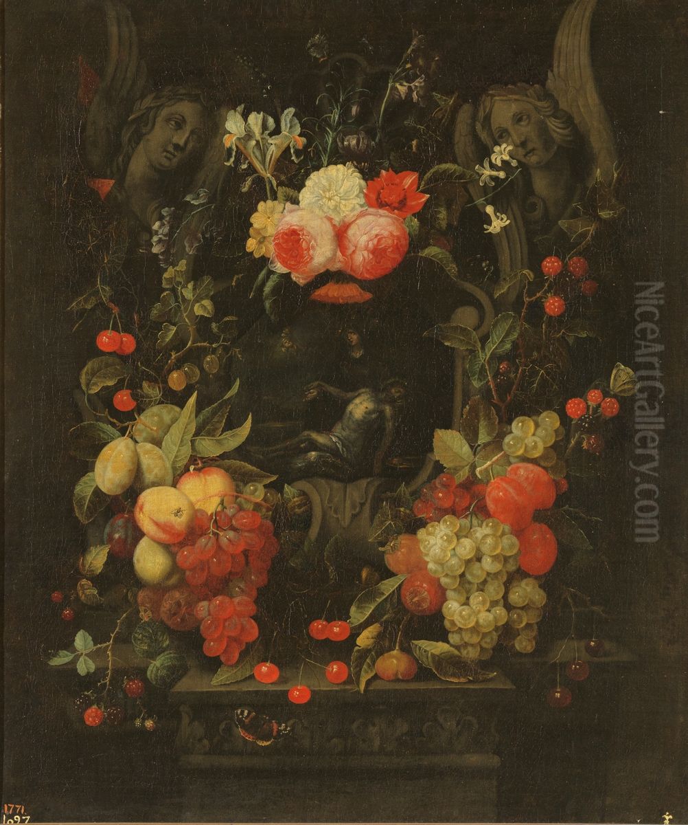 Garland of flowers and fruits with the Pieta Oil Painting by Cornelis van Huynen