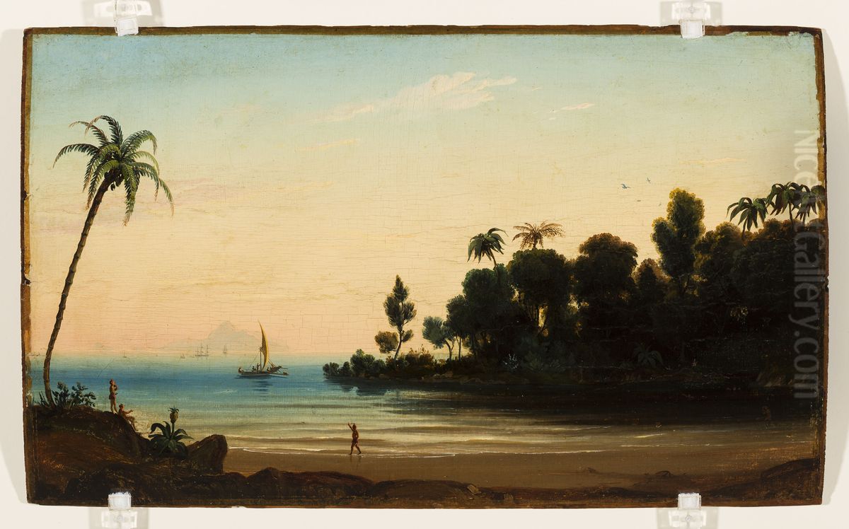 Praia com indios e veleiro (atribuido) Oil Painting by Brasiliana Iconografica