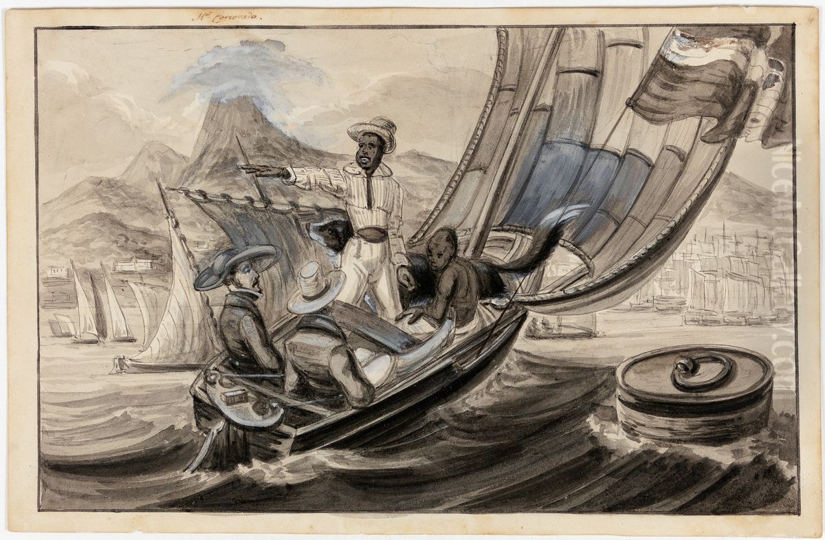 Promenade sur l'Eau dans la Baie de Rio -Janeiro. Un esclave negre du Congo, racontant son histoire Tenue esclave negre fraichement arrive de l'Affrique Oil Painting by Harro Harring