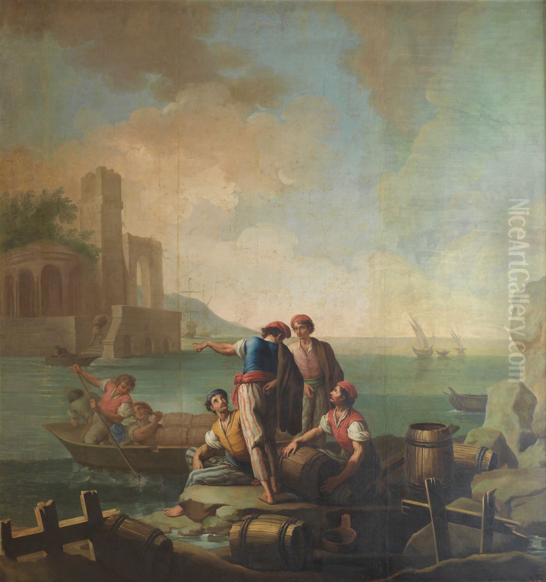 Pescadores junto a un puerto Oil Painting by Zacarias Gonzalez Velazquez
