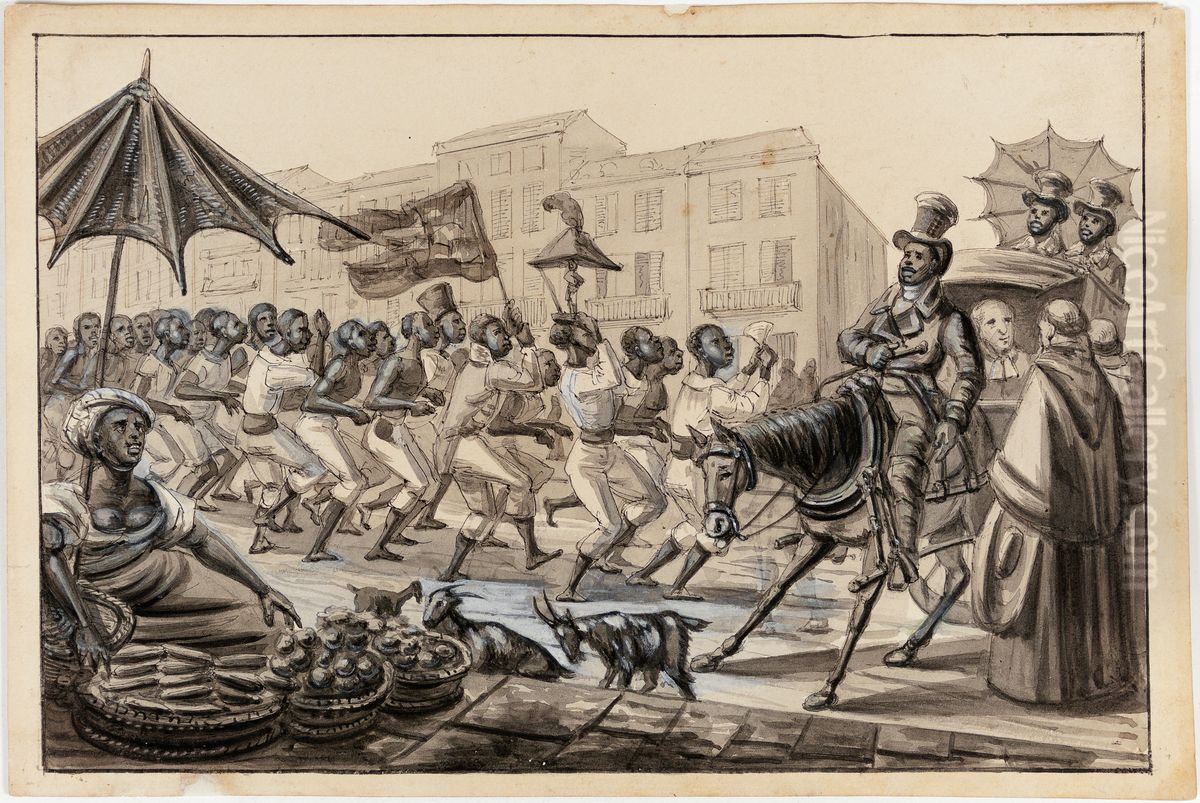 Scene de la Rua Direita. Negres porteurs de caffe allant toucher le payement de leur journee Negresses vendant des bananes e des oranges - Ecclesiastique en cabriolet s'entretenant avec deux freres de St. Antoine Oil Painting by Harro Harring
