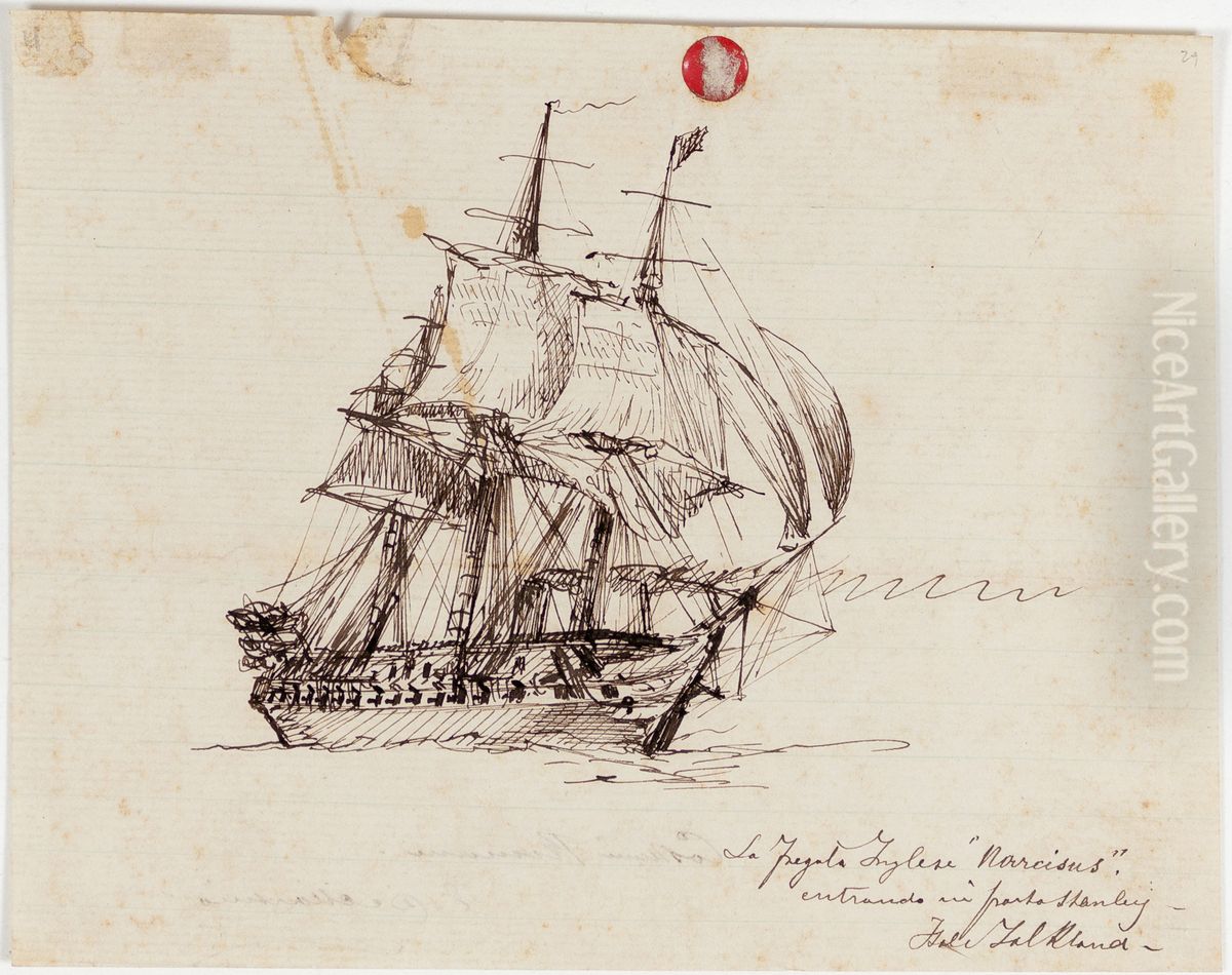 La Fregata Inglese 'Narcisus', entrando in Porto Stanley - Isle Falkland Oil Painting by Eduardo de Martino