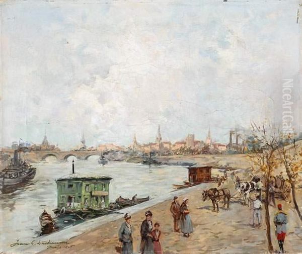 La Seine A Paris, 1895 Oil Painting by Capitaine Cheret