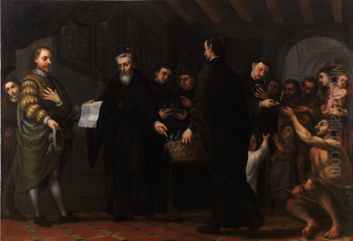 San Agustin repartiendo los bienes de los ricos entre los pobres Oil Painting by Jose Garcia Hidalgo