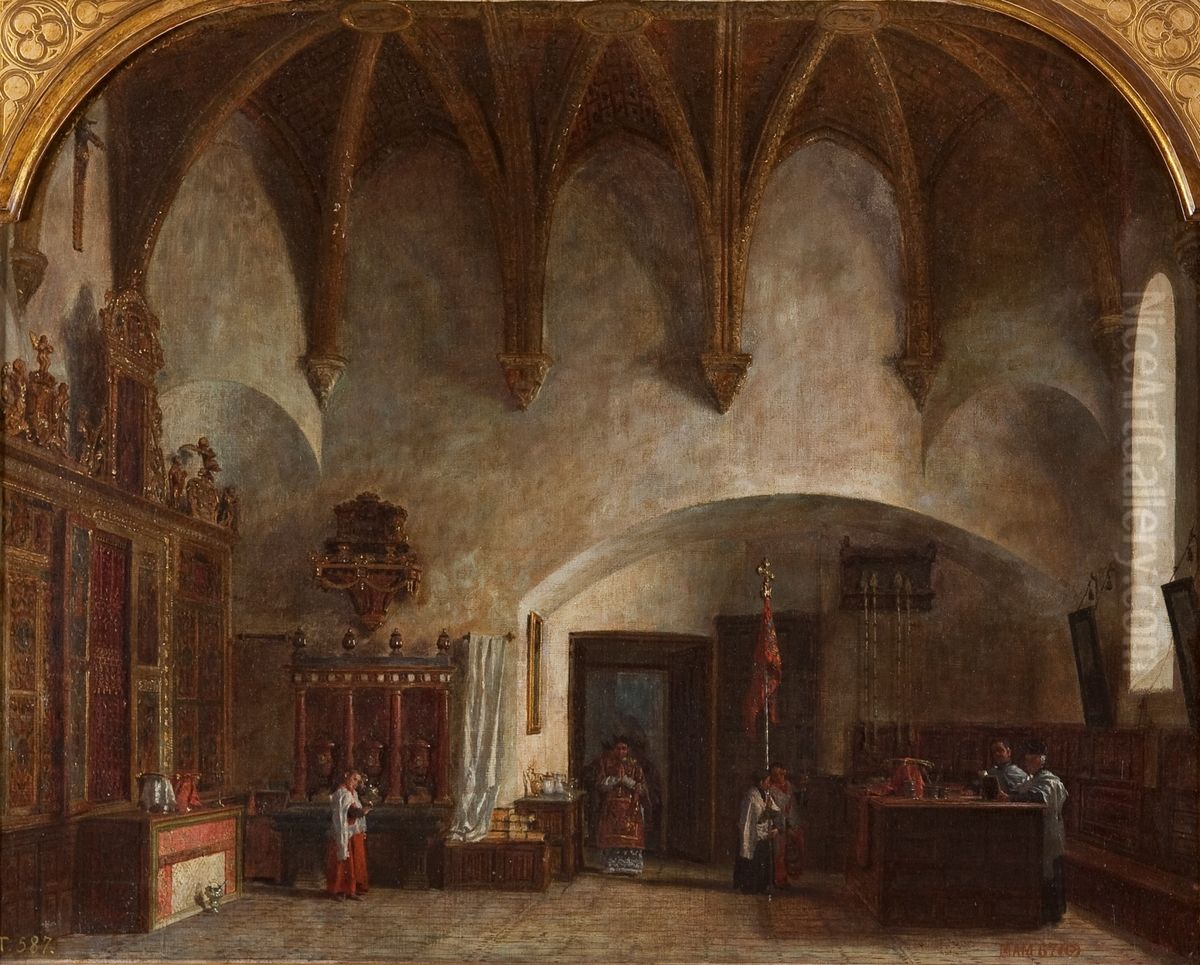 Interior de la sacristia menor en la catedral de Avila. Salida de la misa mayor Oil Painting by Pablo Gonzalvo