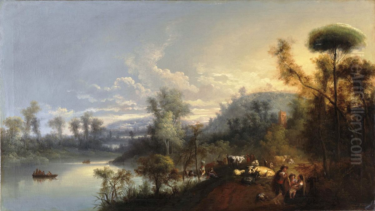 Paisaje fluvial con figuras y ganado Oil Painting by Manuel Barron y Carrillo