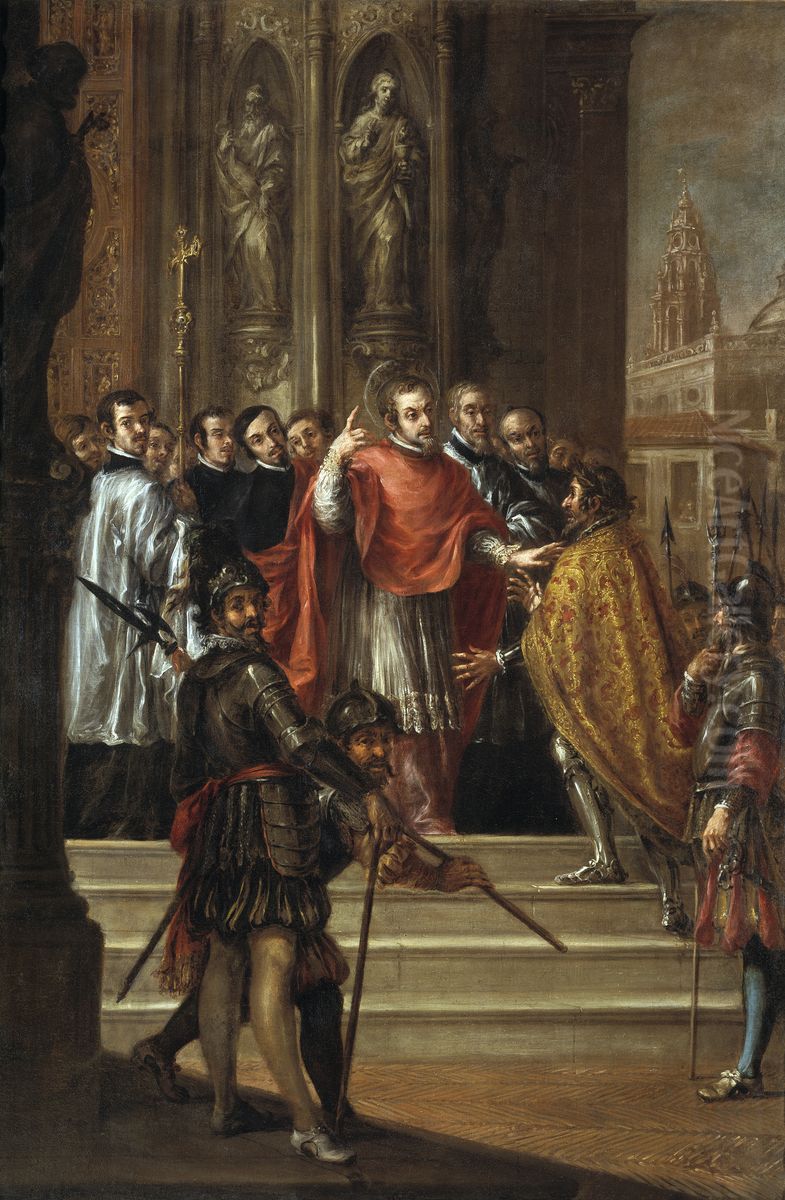 San Ambrosio negando al emperador Teodosio la entrada en el templo Oil Painting by Juan De Valdes Leal