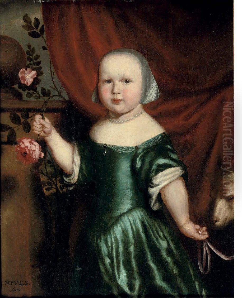 Portrait of a girl, three-quarter-length, in a green dress, holding a rose Oil Painting by Nicolaes Maes