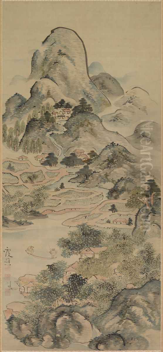 Fishing in Springtime Oil Painting by Ike no Taiga