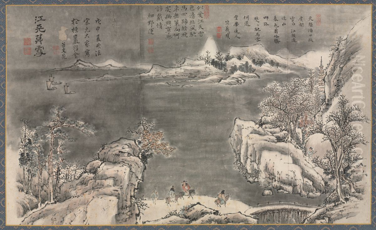 Evening Snow Blending River and Sky, from Eight Views of Xiao-Xiang Oil Painting by Tani Buncho