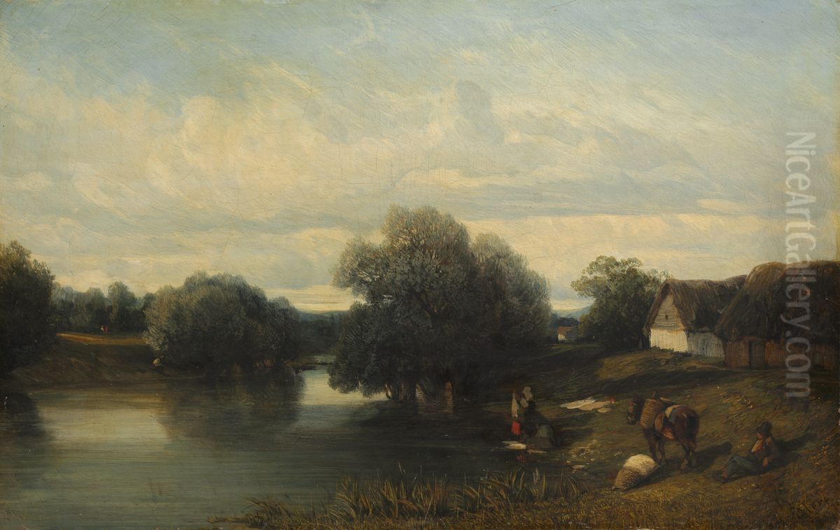 Cottage by the River with Washerwomen Oil Painting by Camille Flers