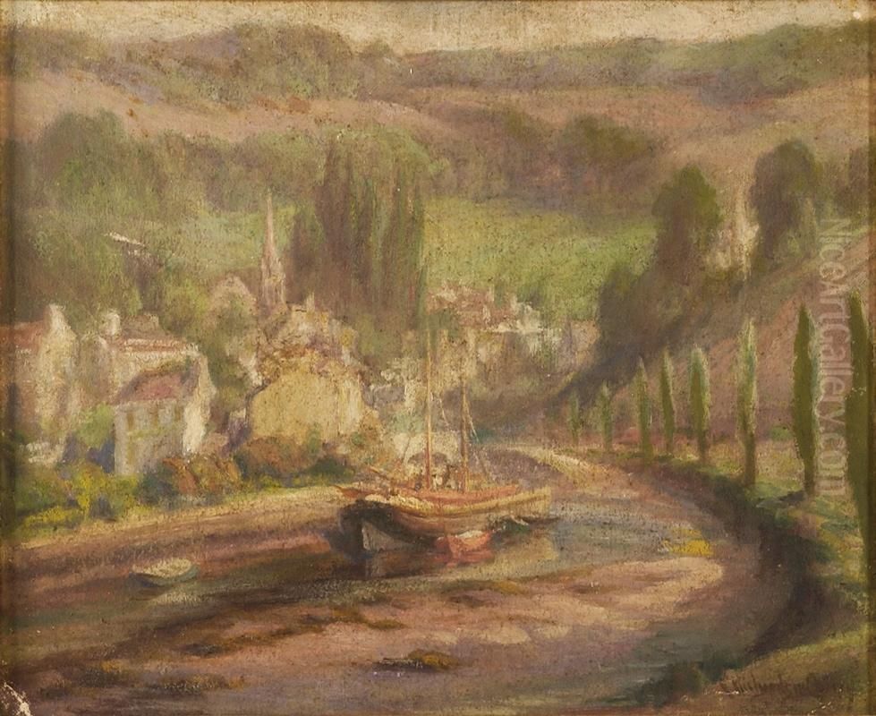 Landscape With River And Boat. Oil Painting by Emma Richardson Cherry