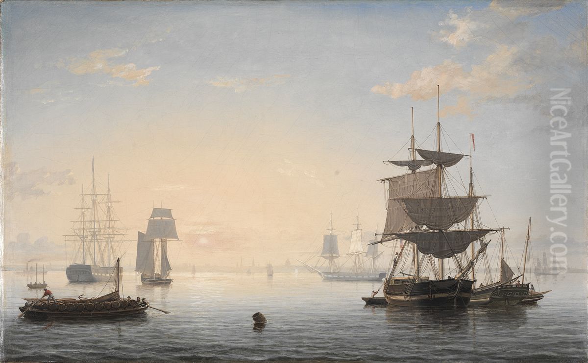 Harbor of Boston, with the City in the Distance Oil Painting by Fitz Henry Lane