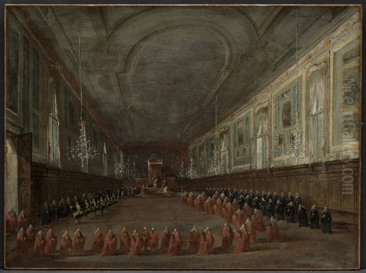 Pope Pius VI Descending the Throne to Take Leave of the Doge in the Hall of SS. Giovanni e Paolo, 1782 and Pontifical Ceremony in SS. Giovanni e Paolo, Venice, 1782 (pair) Oil Painting by Francesco Guardi