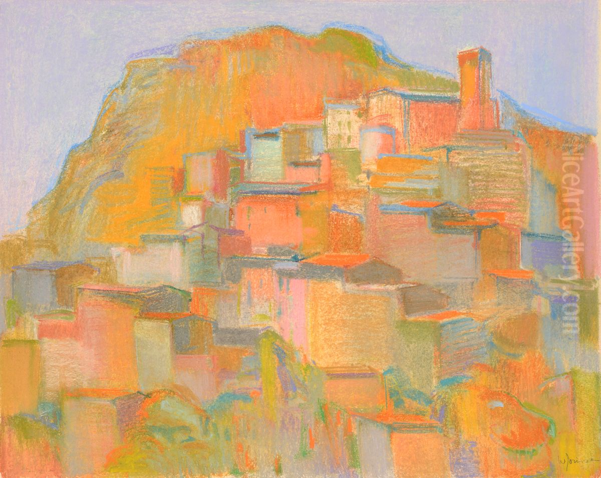 Stad tegen een berg in Italie Oil Painting by Willy Gorissen