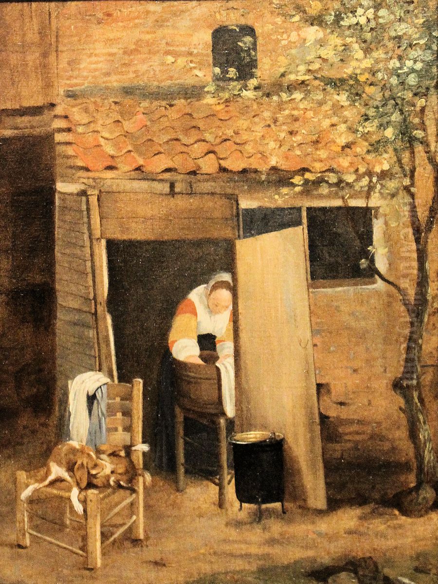 Girl washing clothes Oil Painting by Pieter De Hooch