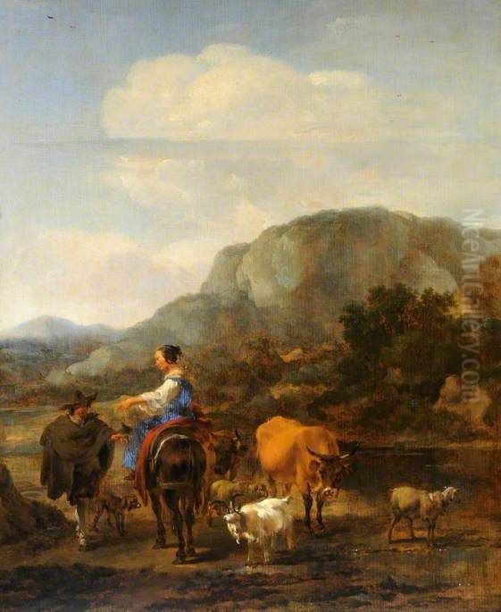 Italianate Landscape with Peasants Fording a Brook Oil Painting by Nicolaes Pieterszoon Berchem