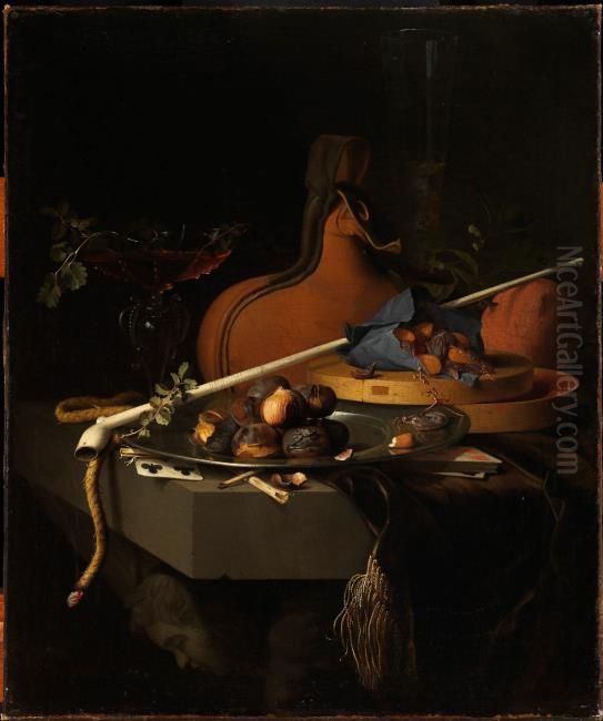 Still life with chestnuts on a plate, a clay pipe and smoking accessories Oil Painting by Jacob van Walscapelle