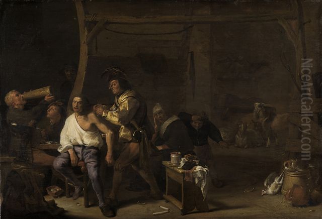Interior with a man perfoming surgery on a shoulder Oil Painting by Cornelis Saftleven