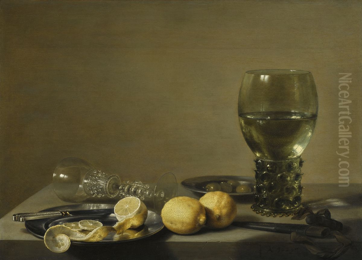 Still Life with Two Lemons, a Facon de Venise Glass, Roemer, Knife and Olives on a Table Oil Painting by Pieter Claesz