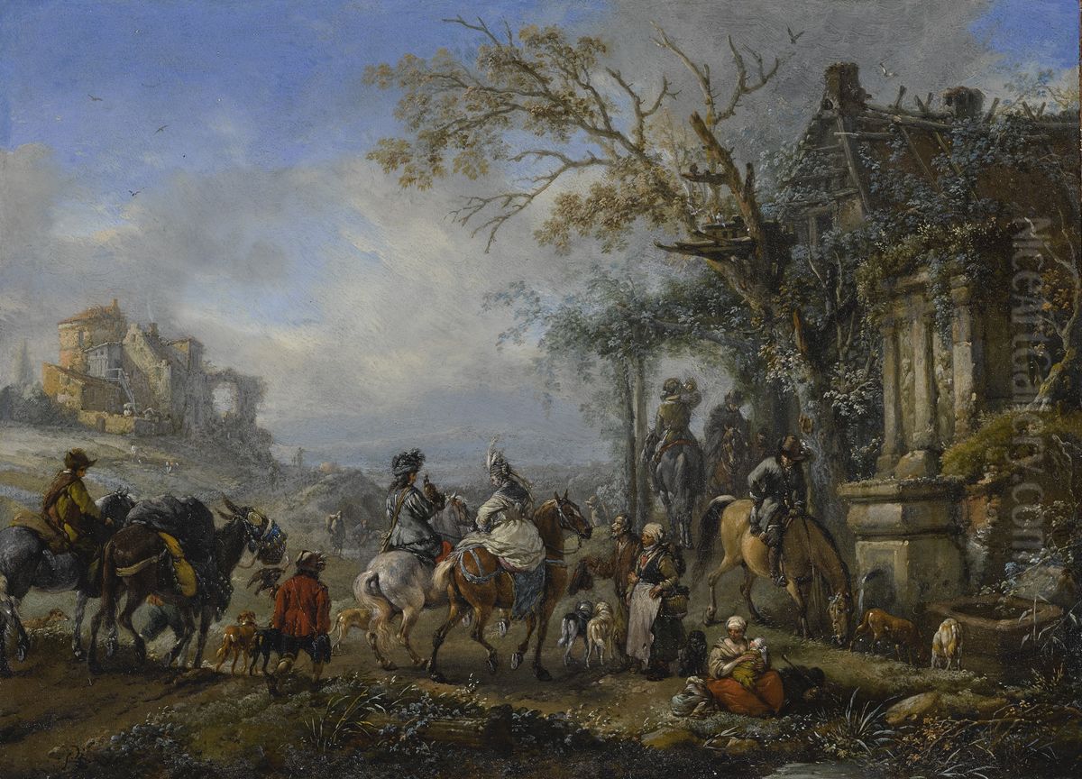 Hunting company resting by a fountain Oil Painting by Philips Wouwerman