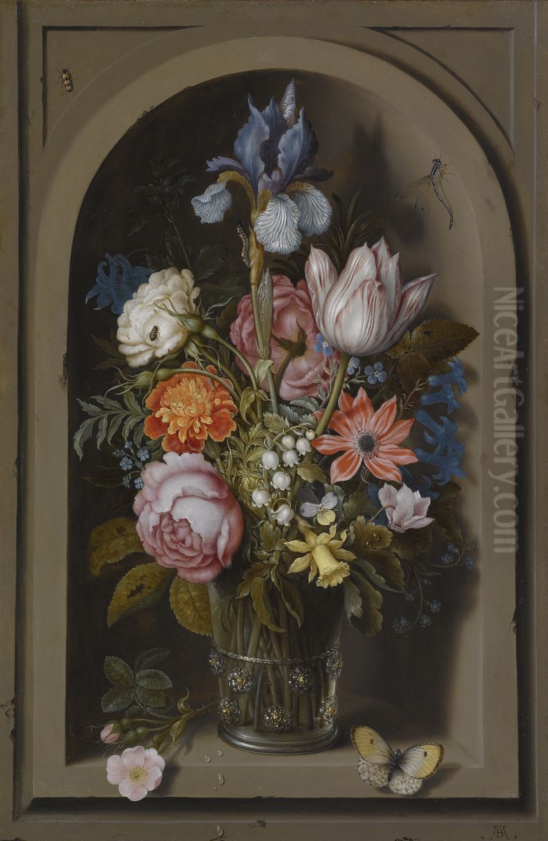A still life of flowers in a glass beaker set in a marble niche Oil Painting by Ambrosius Bosschaert