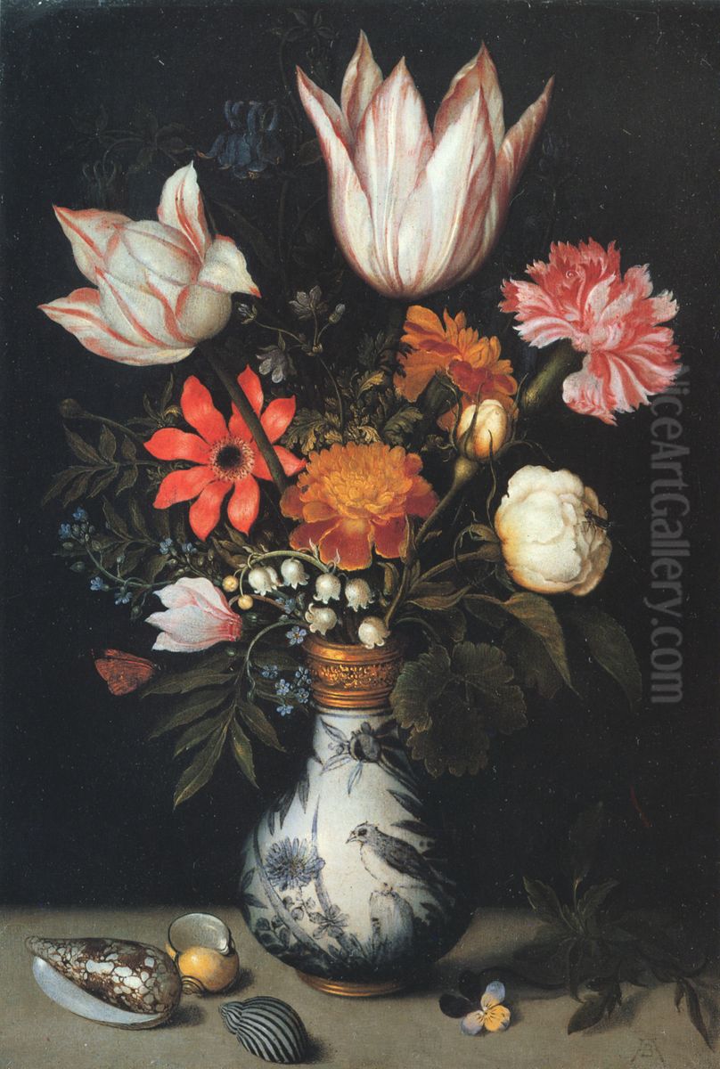 Tulips, Roses, a Pink and White Carnation, Forgets-Me-Nots, Lilly of the Valley and other Flowers in a Vase Oil Painting by Ambrosius Bosschaert