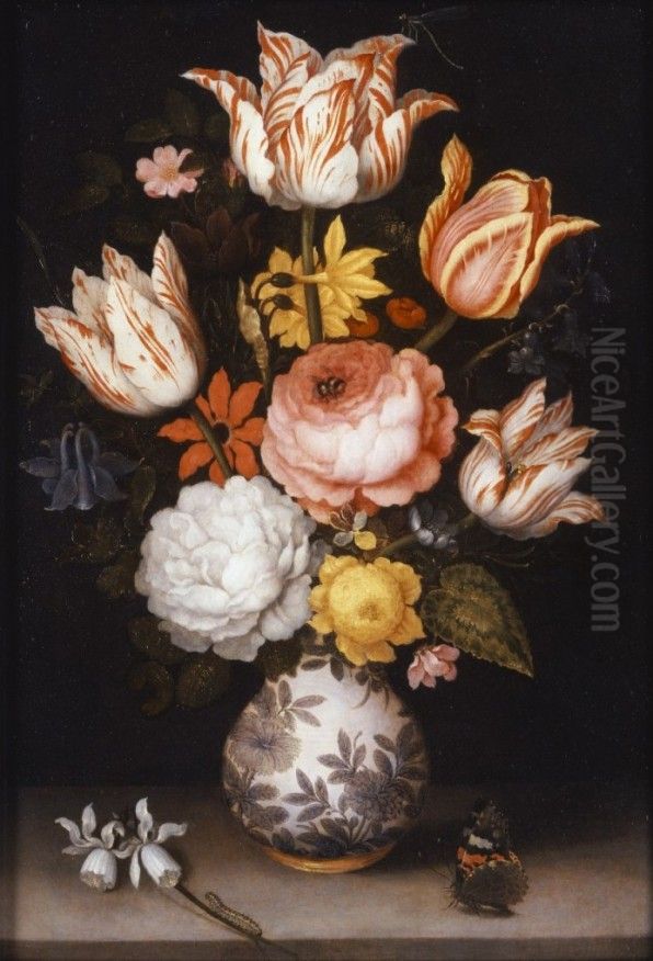 Bloemen in een Wan Li-vaas, geflankeerd door een narcis en een vlinder, op een stenen plint Oil Painting by Ambrosius Bosschaert