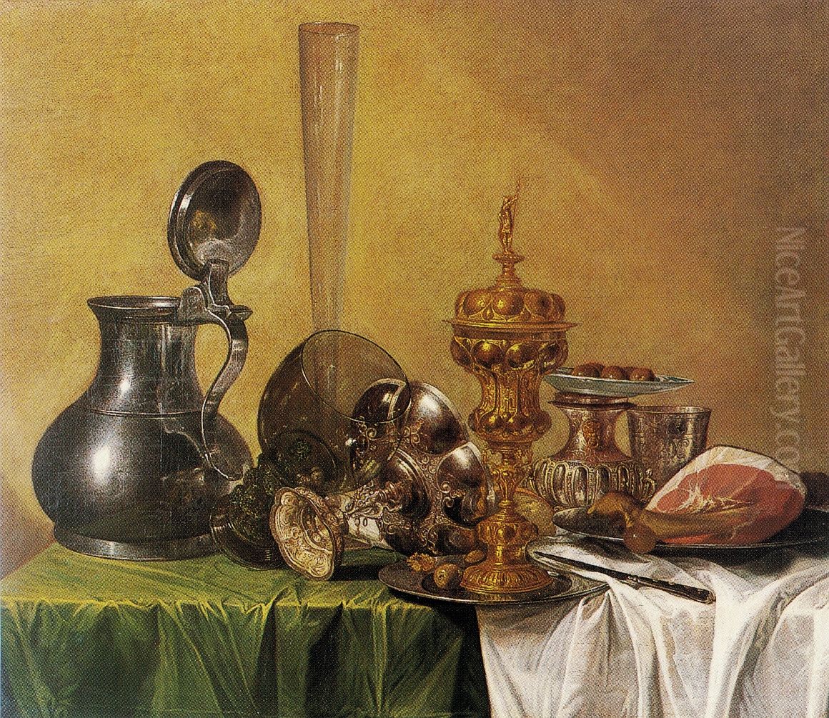 Still Life with Ham, Covered Beaker, Tazza, Rummer and Jug on a Table Oil Painting by Jan Jansz Den Uyl