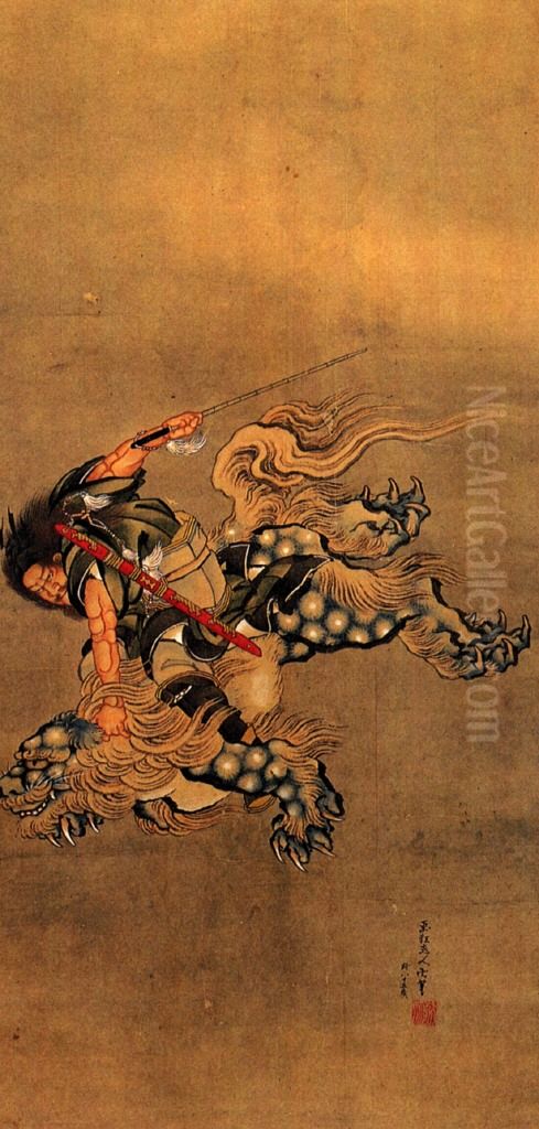 Shoki riding a shishi lion Oil Painting by Katsushika Hokusai
