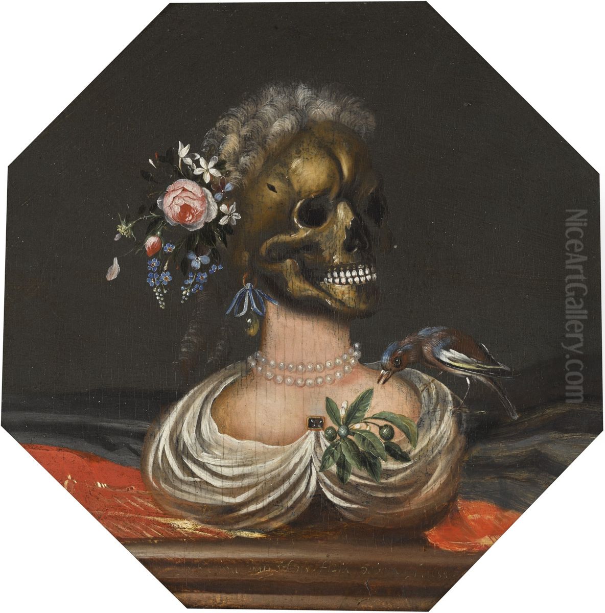 Vanitas bust of a lady with a crown of flowers on a ledge Oil Painting by Catarina Ykens (II)