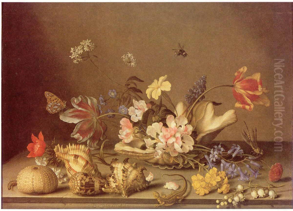 Still life of flowers and shells Oil Painting by Balthasar Van Der Ast
