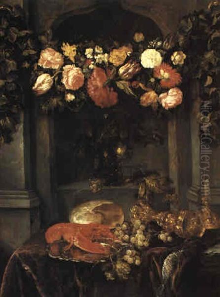 A still life with a lobster, flowers, roemer and grapes on a draped table Oil Painting by Abraham Van Beijeren