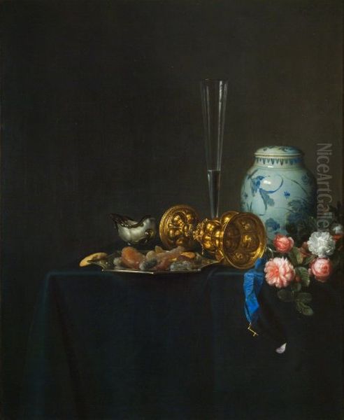 Still Life with a Golden Goblet and Roses Oil Painting by Simon Luttichuys