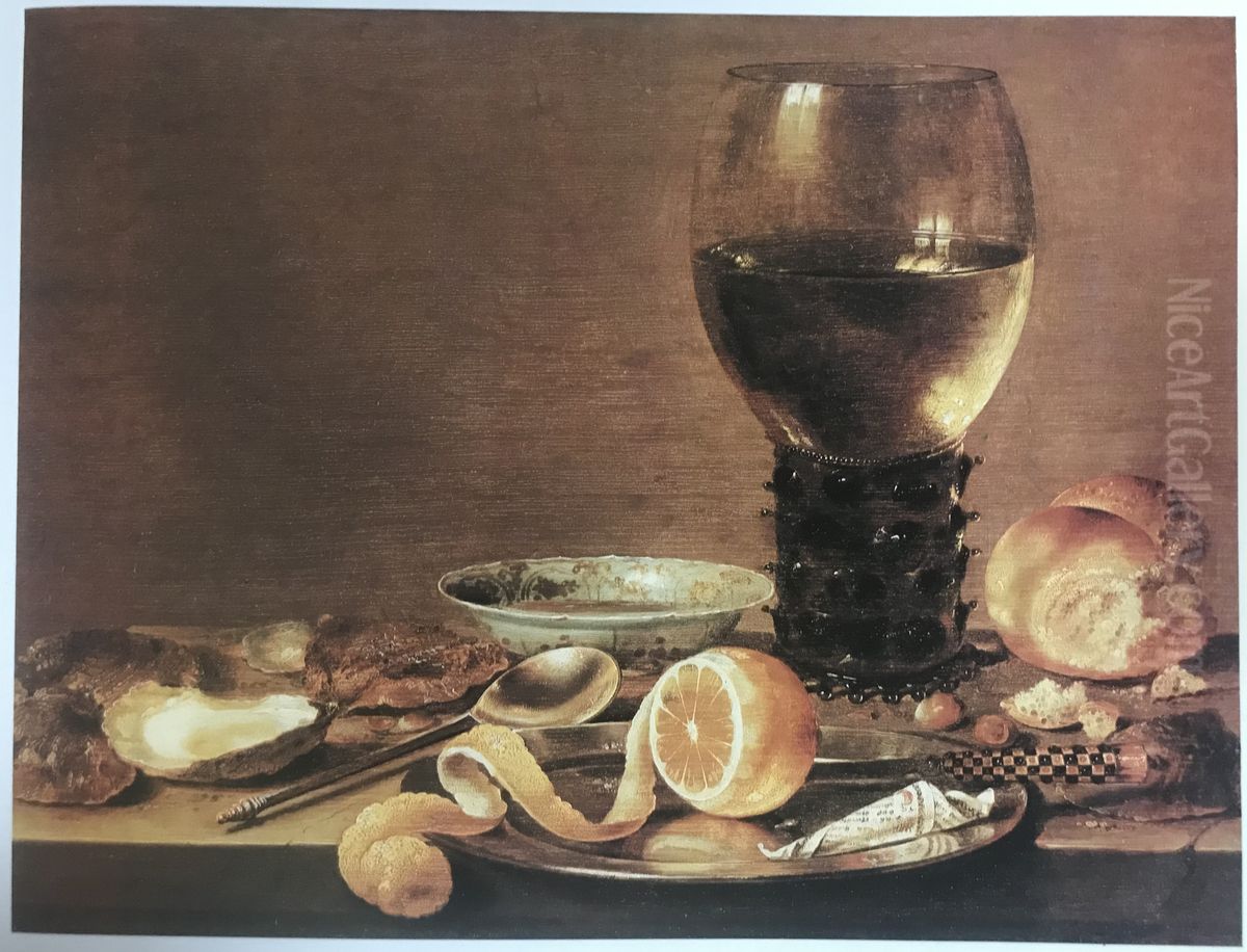 Still Life with Rummer, Oysters, Lemon and Pepper, Soup and Spoon, Knife and Nuts Oil Painting by Willem Claesz. Heda
