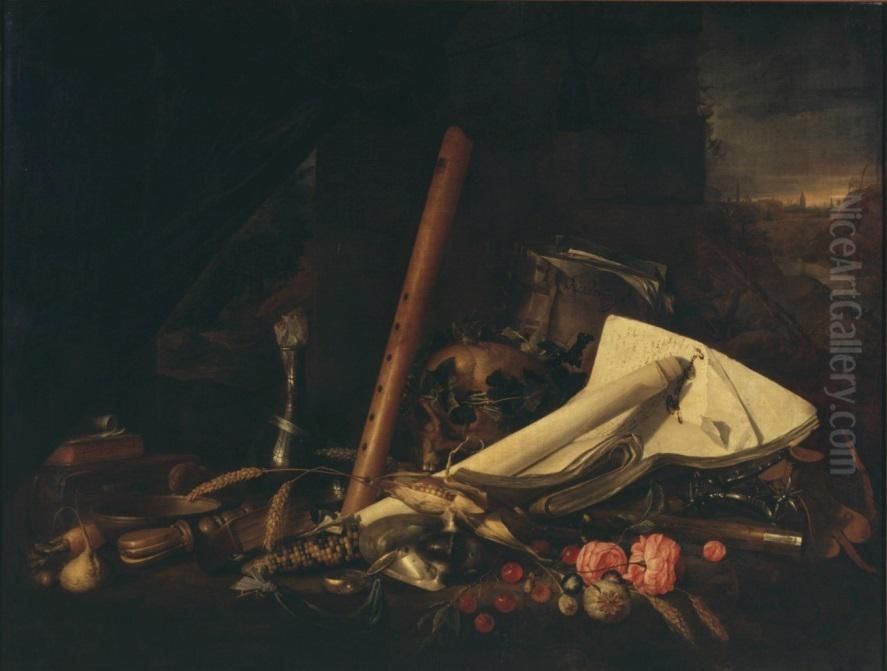 Vanitas still life with books, fruit and a flute Oil Painting by Jan Davidsz. De Heem