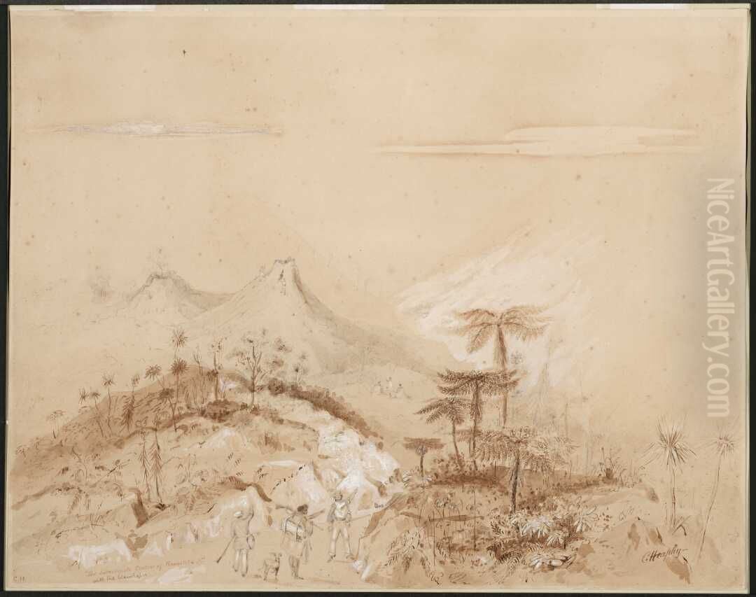 The subordinate craters of Rangitoto Id. with the blowholes. No. 3. Oil Painting by Charles Heaphy